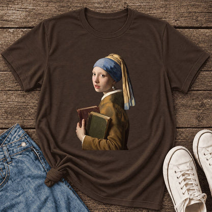 Bookish Girl with a Pearl Earring Ultra-Soft Cotton T-Shirt | Reader Gift Brown