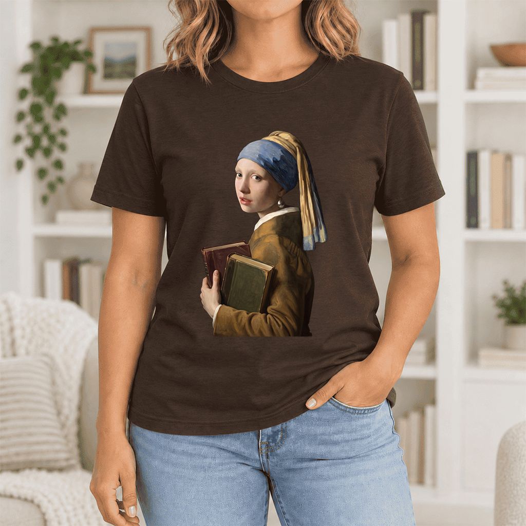 Bookish Girl with a Pearl Earring Ultra-Soft Cotton T-Shirt | Reader Gift Brown