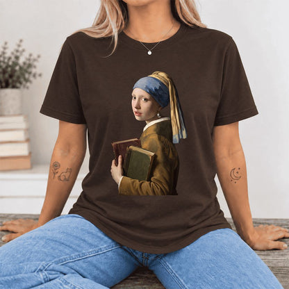 Bookish Girl with a Pearl Earring Ultra-Soft Cotton T-Shirt | Reader Gift Brown