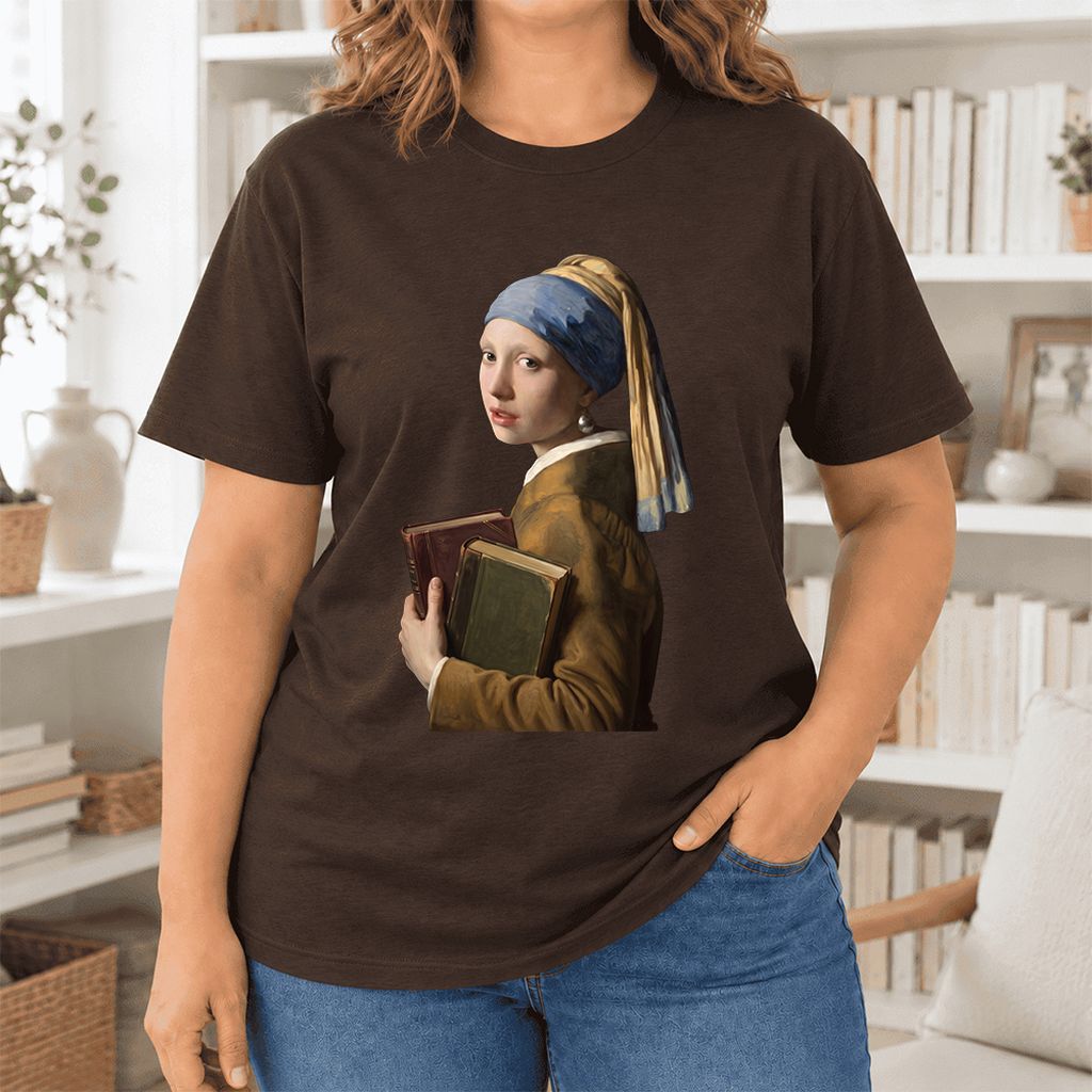 Bookish Girl with a Pearl Earring Ultra-Soft Cotton T-Shirt | Reader Gift Brown