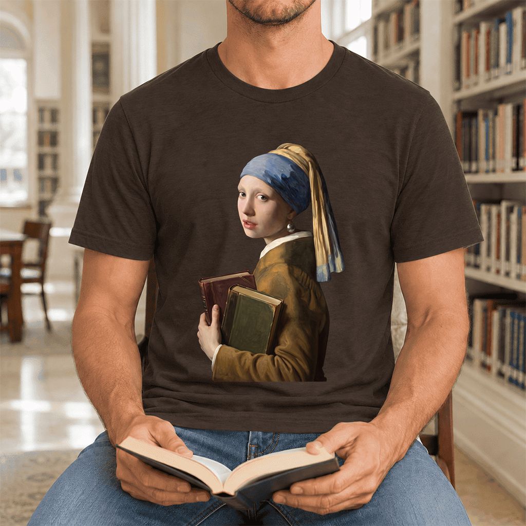 Bookish Girl with a Pearl Earring Ultra-Soft Cotton T-Shirt | Reader Gift Brown