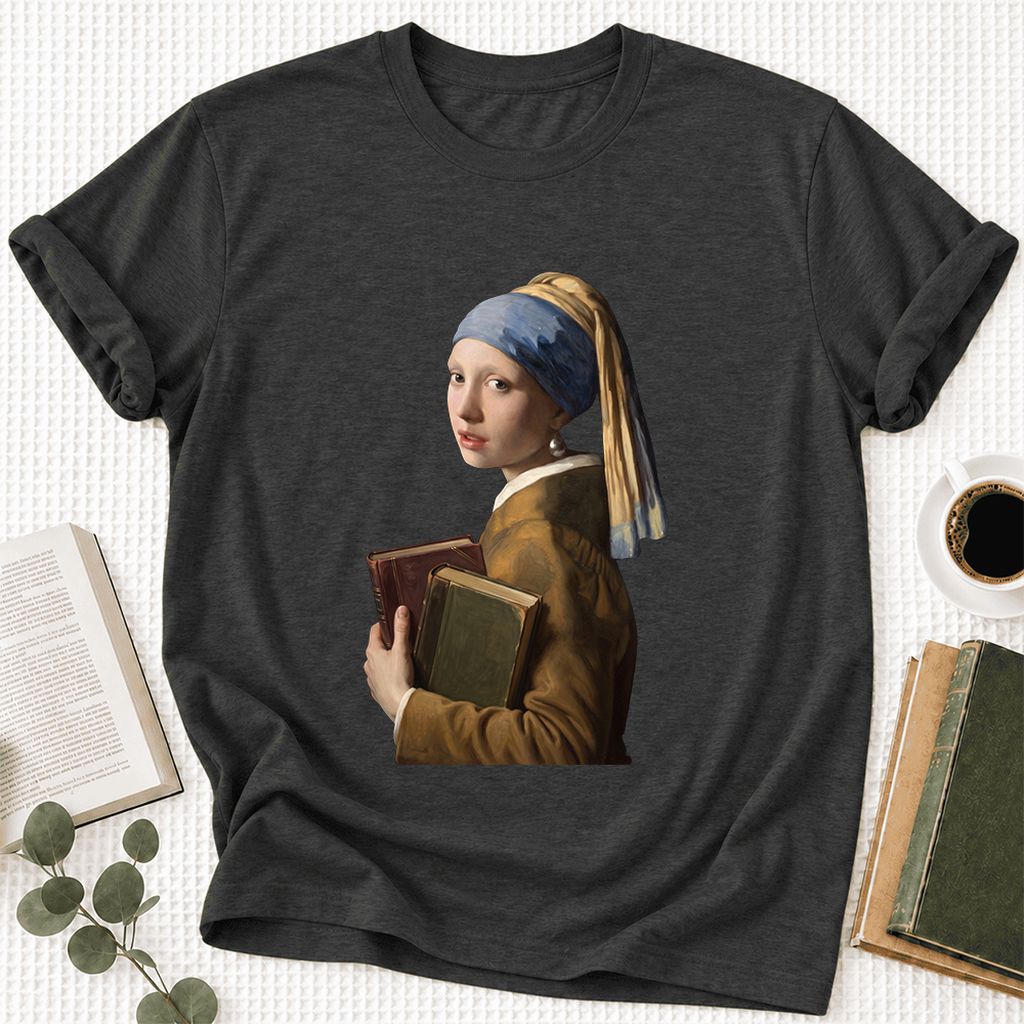 Bookish Girl with a Pearl Earring Ultra-Soft Cotton T-Shirt | Reader Gift Dark Grey Heather