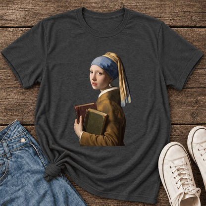 Bookish Girl with a Pearl Earring Ultra-Soft Cotton T-Shirt | Reader Gift Dark Grey Heather