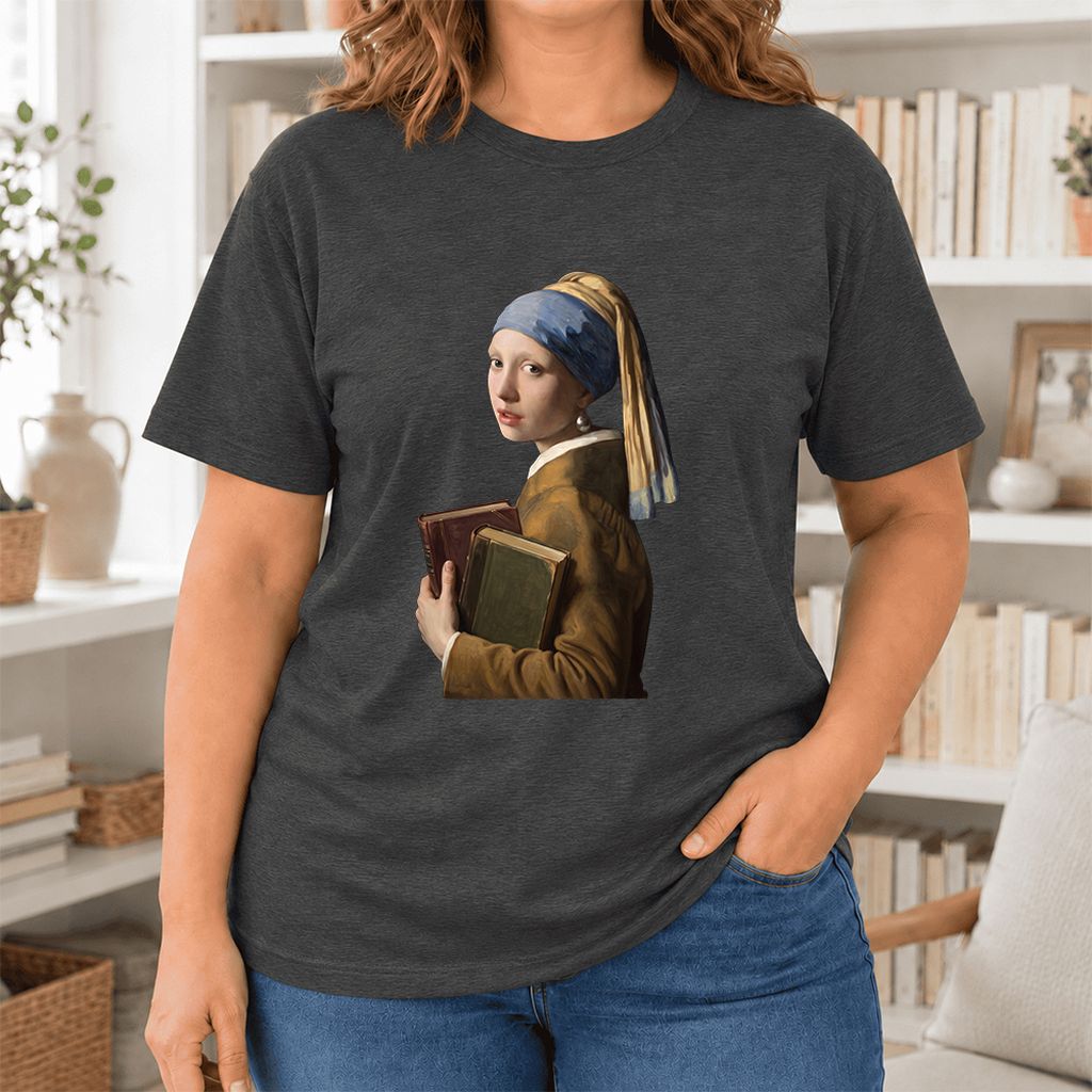 Bookish Girl with a Pearl Earring Ultra-Soft Cotton T-Shirt | Reader Gift Dark Grey Heather