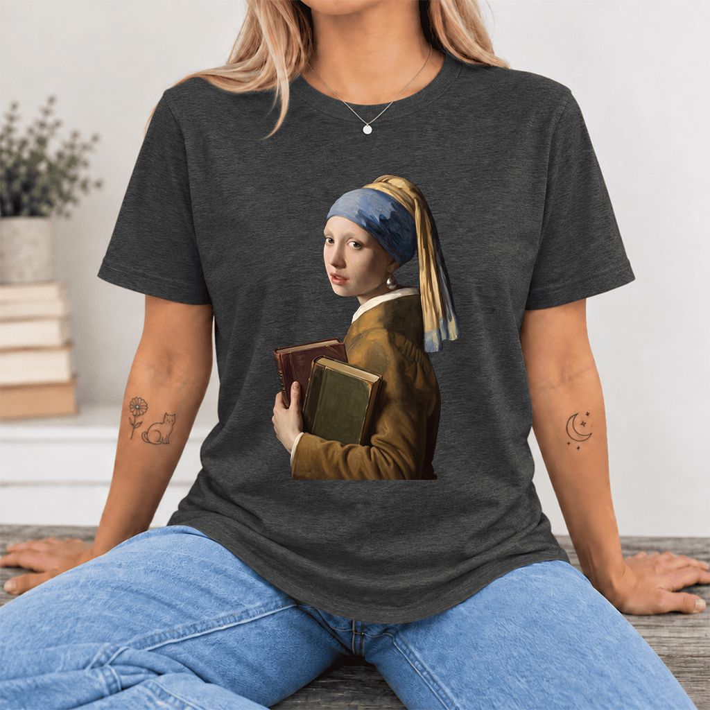 Bookish Girl with a Pearl Earring Ultra-Soft Cotton T-Shirt | Reader Gift Dark Grey Heather