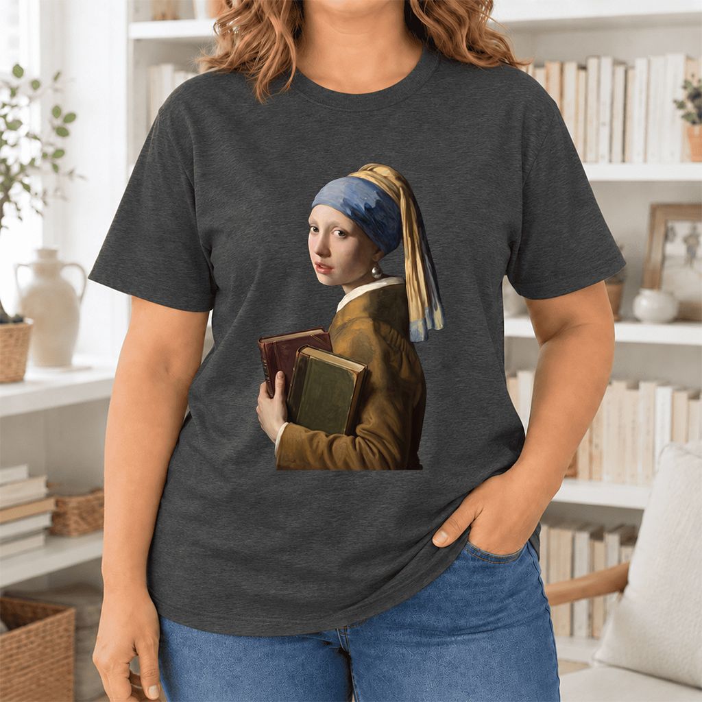 Bookish Girl with a Pearl Earring Ultra-Soft Cotton T-Shirt | Reader Gift Dark Grey Heather