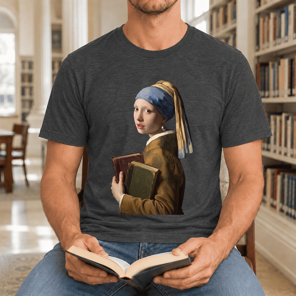 Bookish Girl with a Pearl Earring Ultra-Soft Cotton T-Shirt | Reader Gift Dark Grey Heather