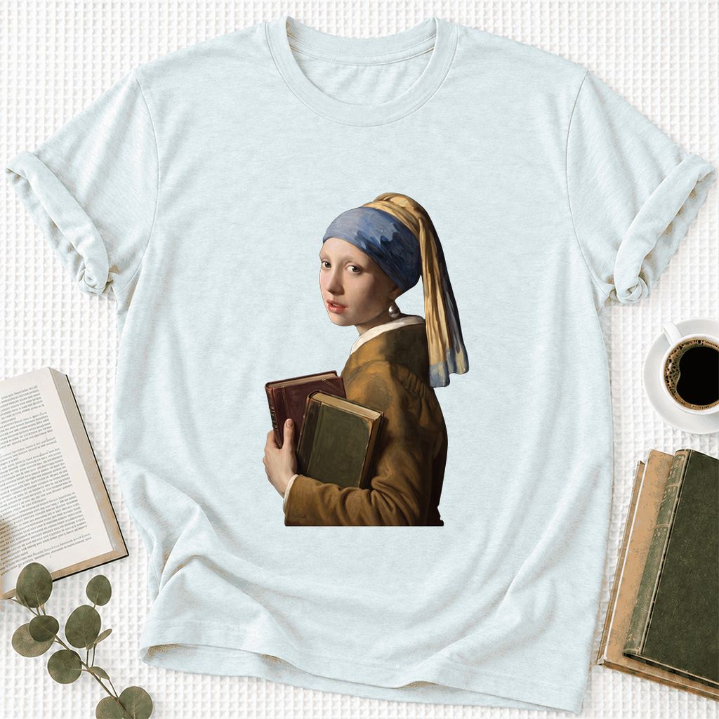 Bookish Girl with a Pearl Earring Ultra-Soft Cotton T-Shirt | Reader Gift Heather Ice Blue
