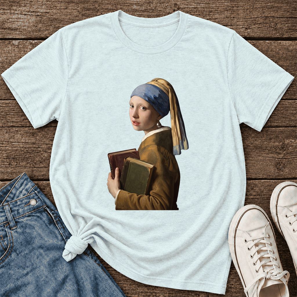 Bookish Girl with a Pearl Earring Ultra-Soft Cotton T-Shirt | Reader Gift Heather Ice Blue