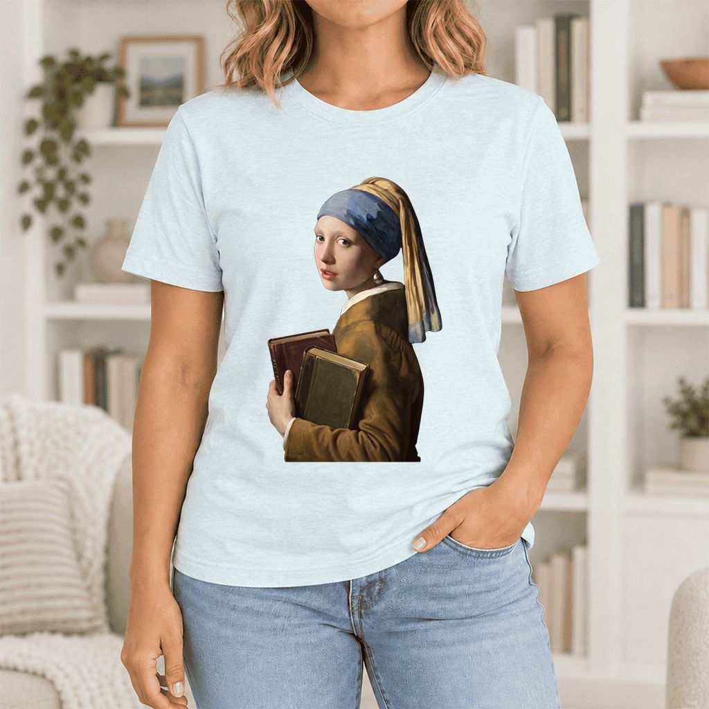 Bookish Girl with a Pearl Earring Ultra-Soft Cotton T-Shirt | Reader Gift Heather Ice Blue