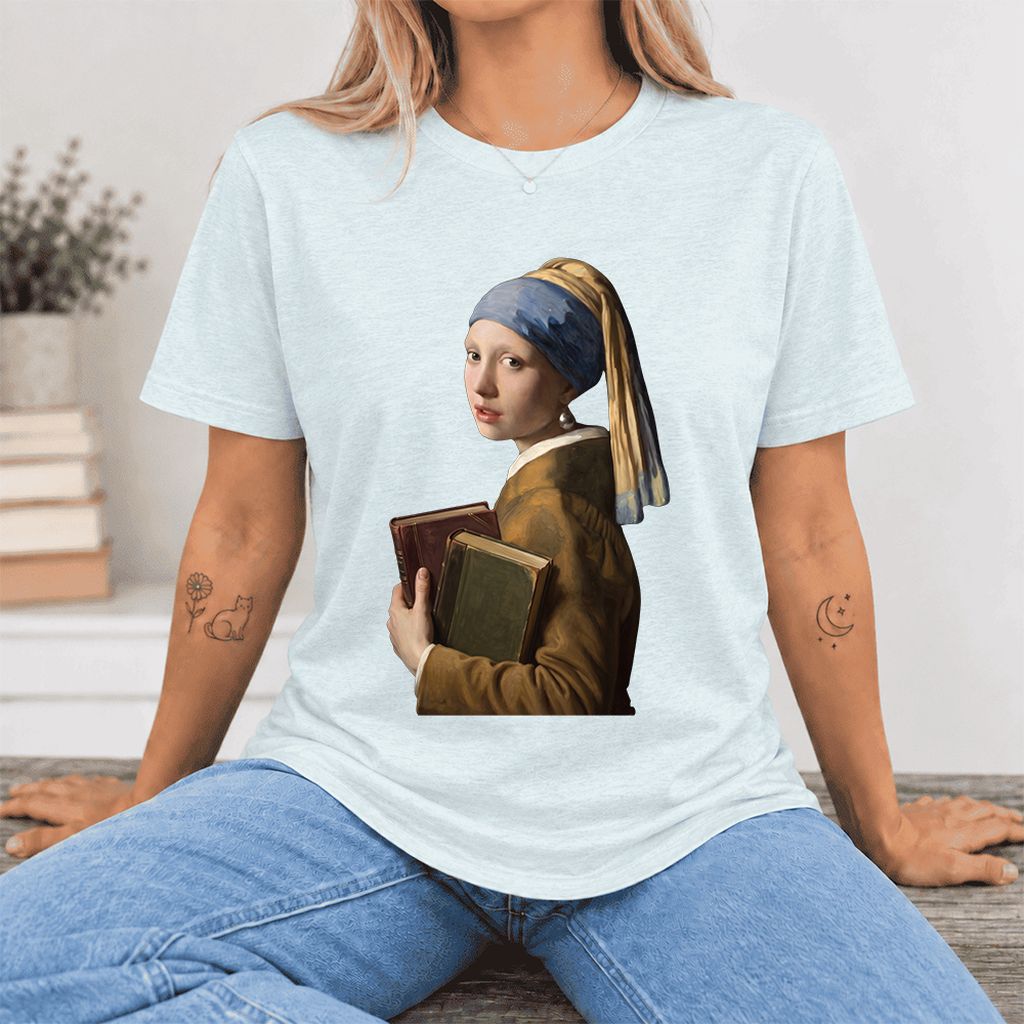 Bookish Girl with a Pearl Earring Ultra-Soft Cotton T-Shirt | Reader Gift Heather Ice Blue