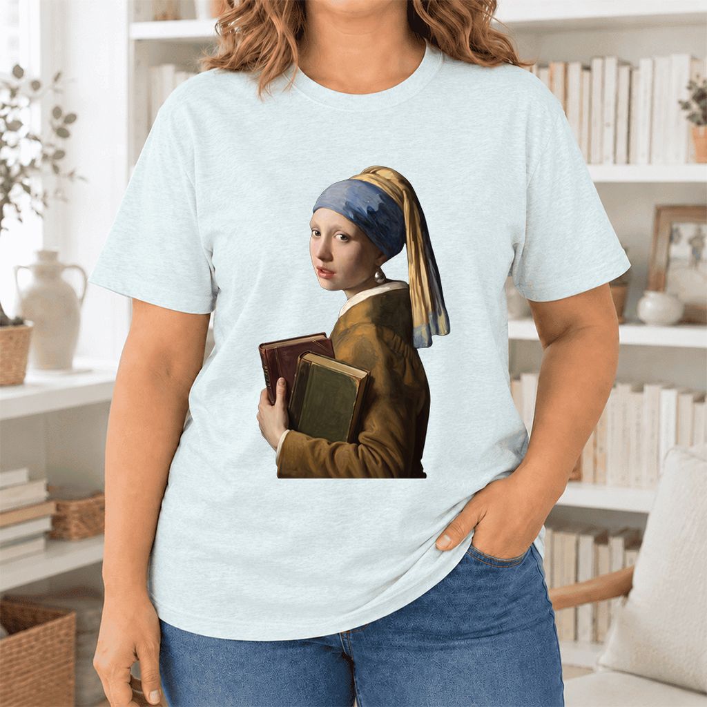 Bookish Girl with a Pearl Earring Ultra-Soft Cotton T-Shirt | Reader Gift Heather Ice Blue