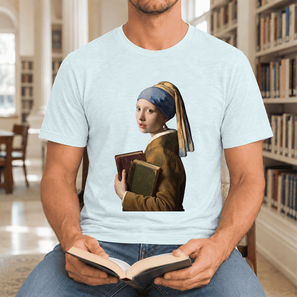 Bookish Girl with a Pearl Earring Ultra-Soft Cotton T-Shirt | Reader Gift Heather Ice Blue