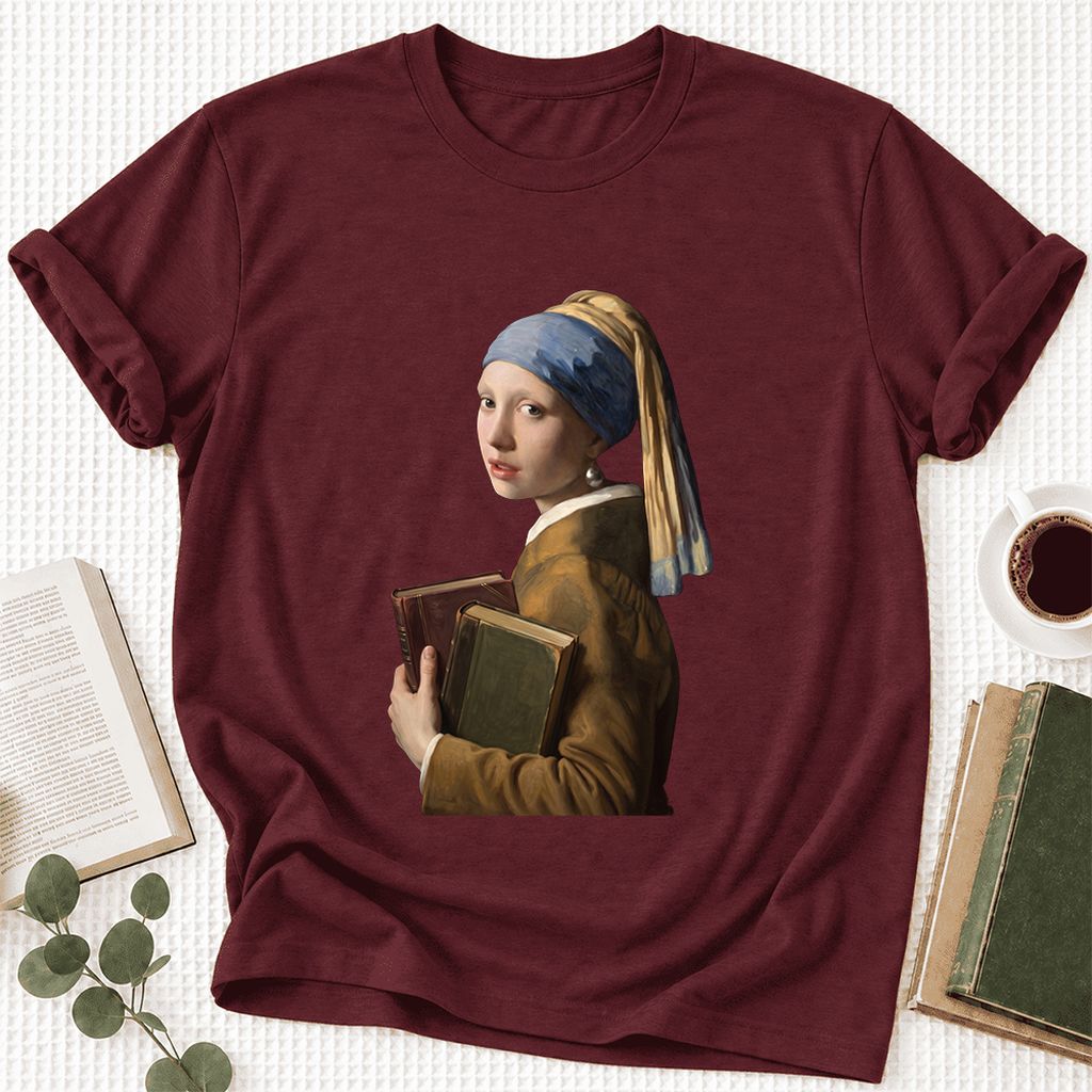Bookish Girl with a Pearl Earring Ultra-Soft Cotton T-Shirt | Reader Gift Maroon