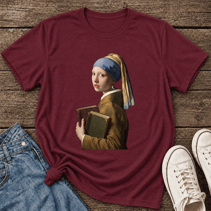 Bookish Girl with a Pearl Earring Ultra-Soft Cotton T-Shirt | Reader Gift Maroon