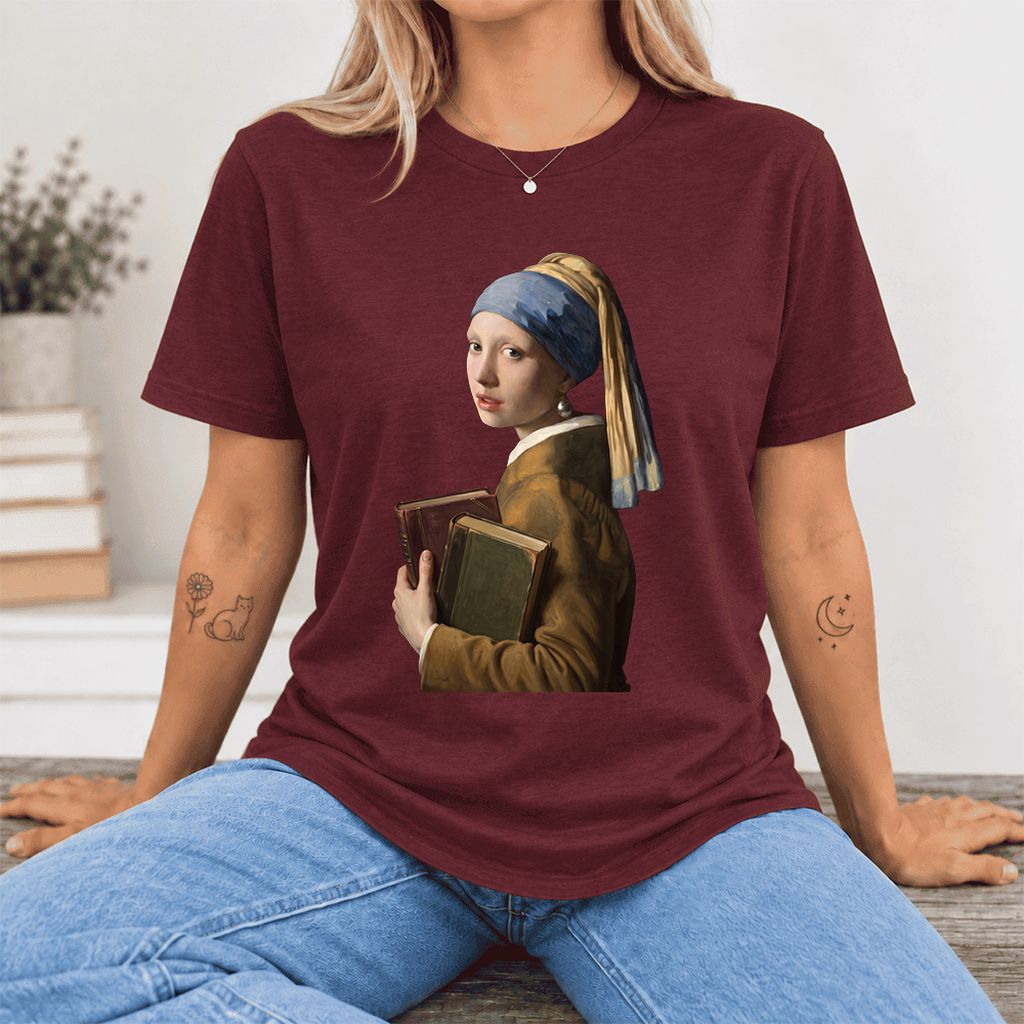 Bookish Girl with a Pearl Earring Ultra-Soft Cotton T-Shirt | Reader Gift Maroon
