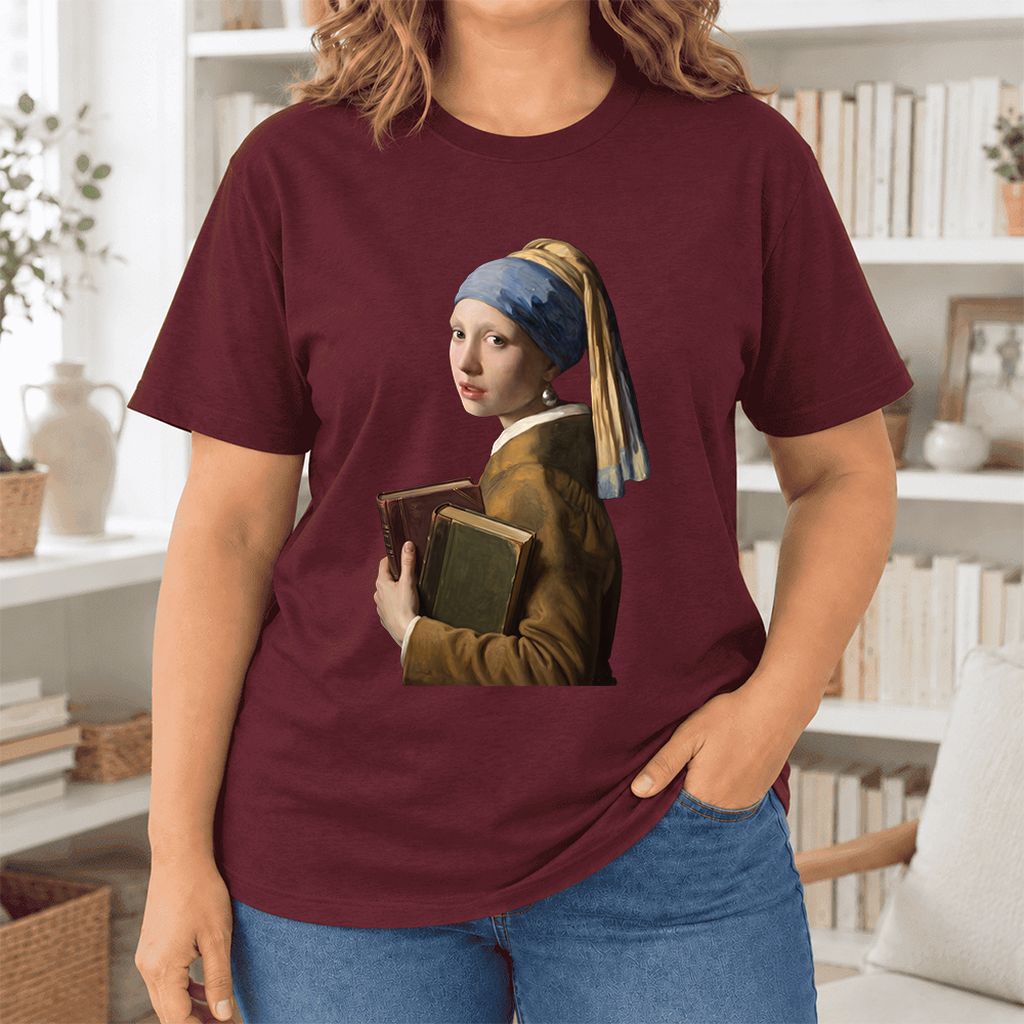 Bookish Girl with a Pearl Earring Ultra-Soft Cotton T-Shirt | Reader Gift Maroon