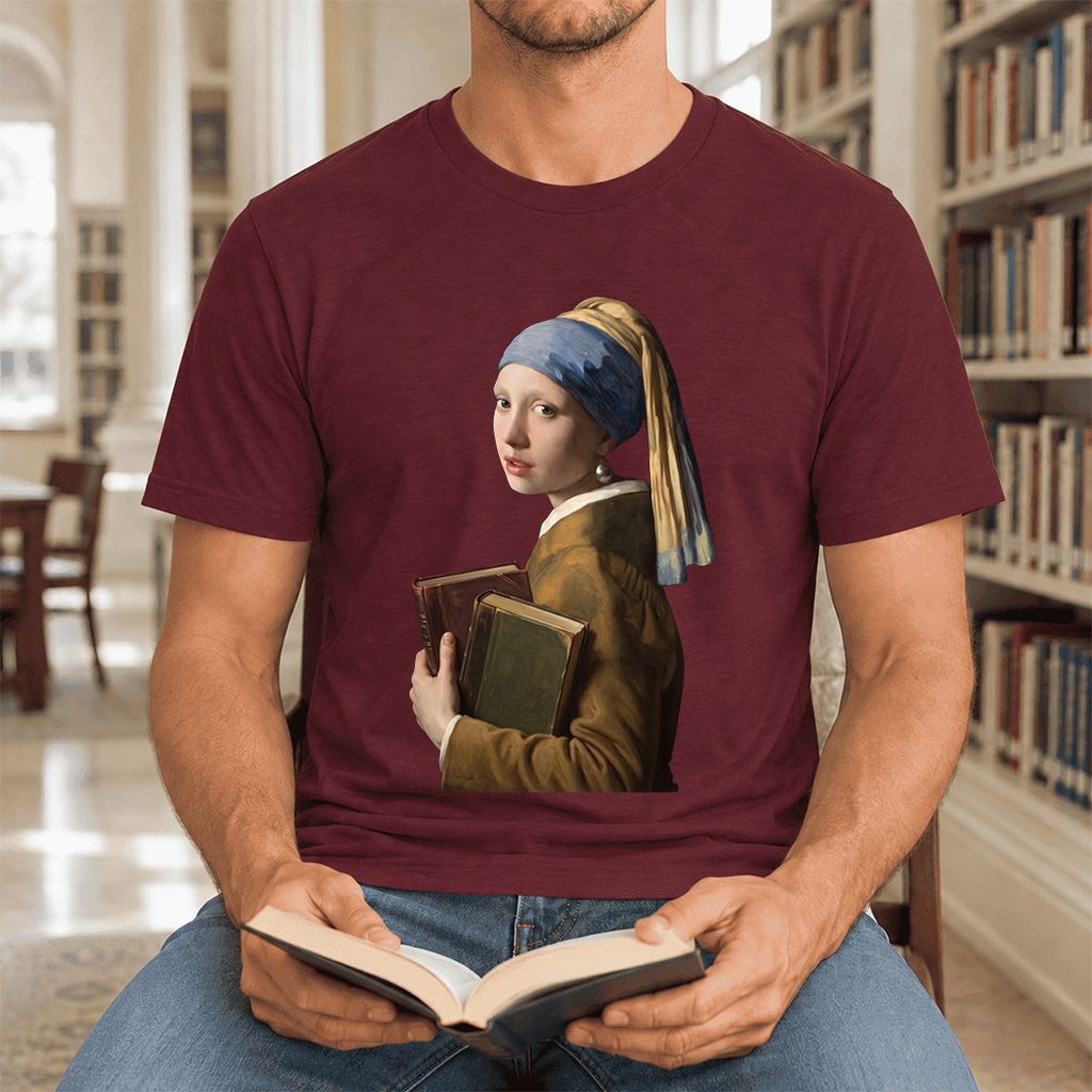 Bookish Girl with a Pearl Earring Ultra-Soft Cotton T-Shirt | Reader Gift Maroon