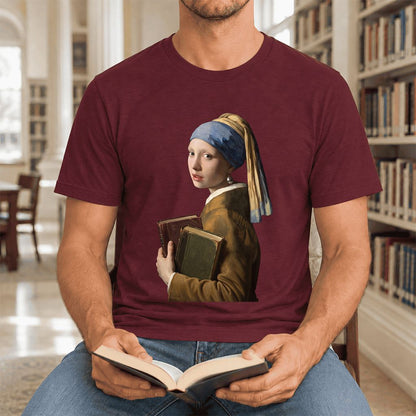 Bookish Girl with a Pearl Earring Ultra-Soft Cotton T-Shirt | Reader Gift Maroon