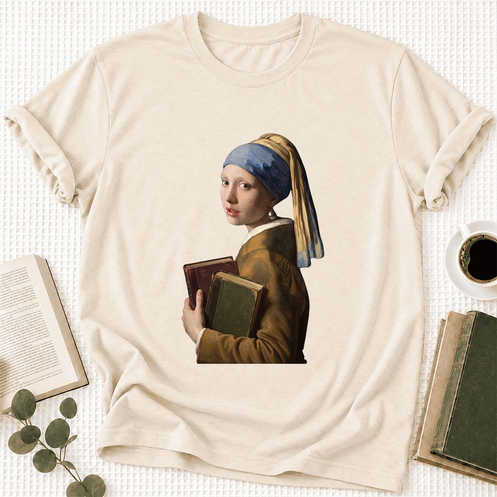 Bookish Girl with a Pearl Earring Ultra-Soft Cotton T-Shirt | Reader Gift Natural