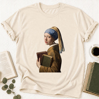 Bookish Girl with a Pearl Earring Ultra-Soft Cotton T-Shirt | Reader Gift Natural