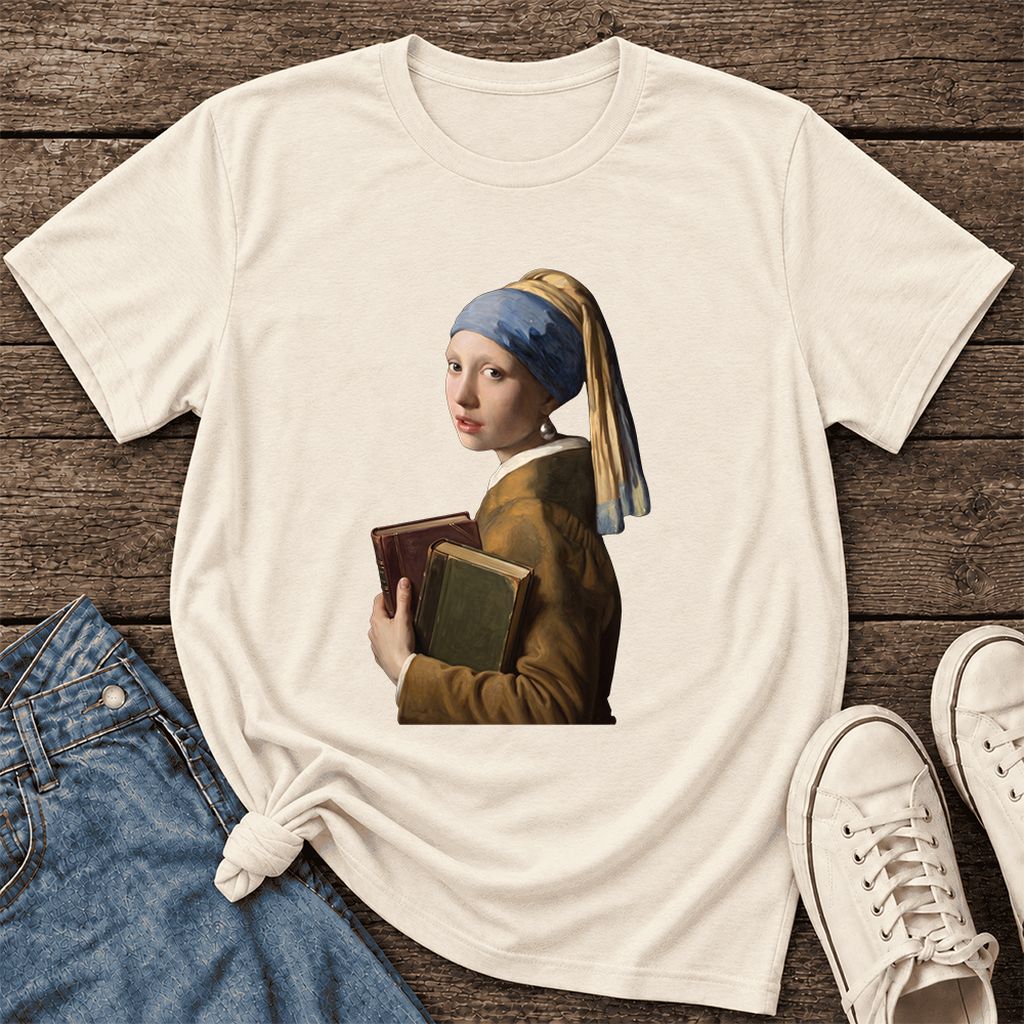 Bookish Girl with a Pearl Earring Ultra-Soft Cotton T-Shirt | Reader Gift Natural