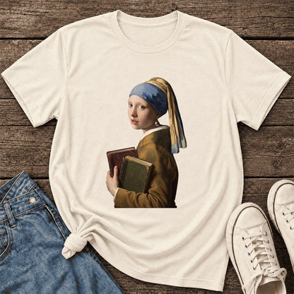 Bookish Girl with a Pearl Earring Ultra-Soft Cotton T-Shirt | Reader Gift Natural