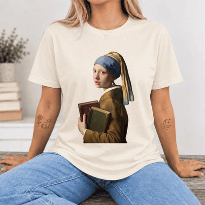 Bookish Girl with a Pearl Earring Ultra-Soft Cotton T-Shirt | Reader Gift Natural