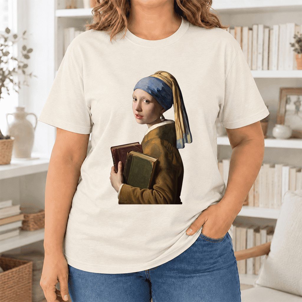 Bookish Girl with a Pearl Earring Ultra-Soft Cotton T-Shirt | Reader Gift Natural