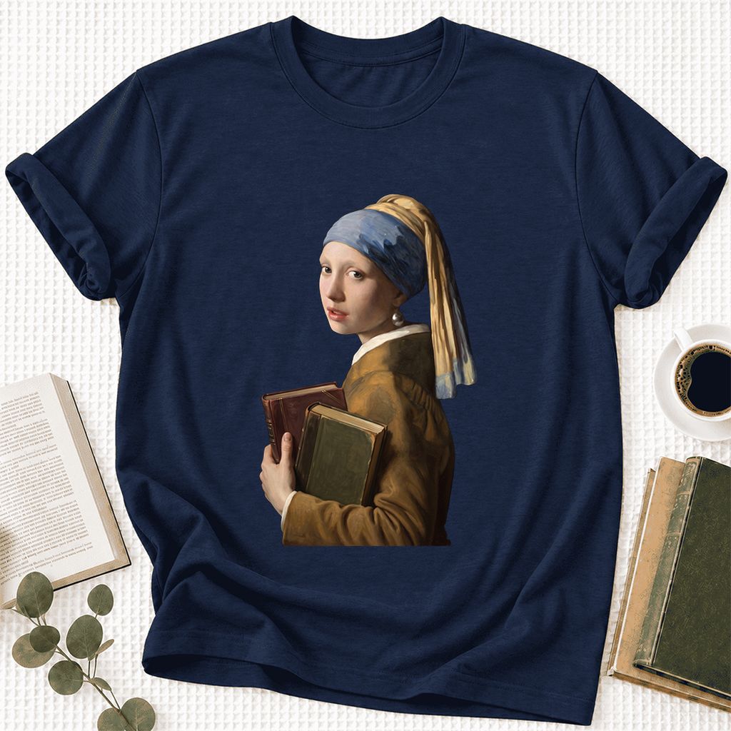 Bookish Girl with a Pearl Earring Ultra-Soft Cotton T-Shirt | Reader Gift Navy
