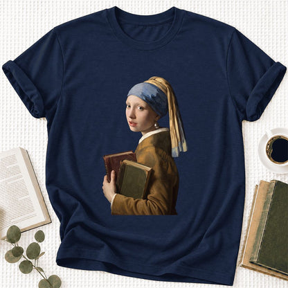 Bookish Girl with a Pearl Earring Ultra-Soft Cotton T-Shirt | Reader Gift Navy