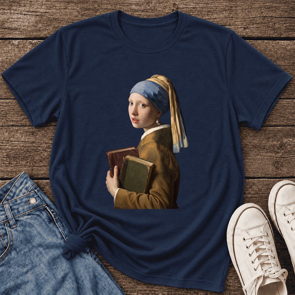 Bookish Girl with a Pearl Earring Ultra-Soft Cotton T-Shirt | Reader Gift Navy