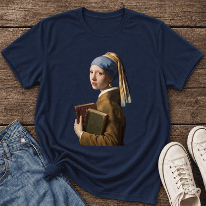 Bookish Girl with a Pearl Earring Ultra-Soft Cotton T-Shirt | Reader Gift Navy