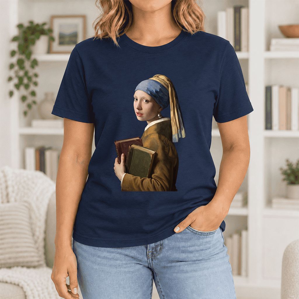 Bookish Girl with a Pearl Earring Ultra-Soft Cotton T-Shirt | Reader Gift Navy