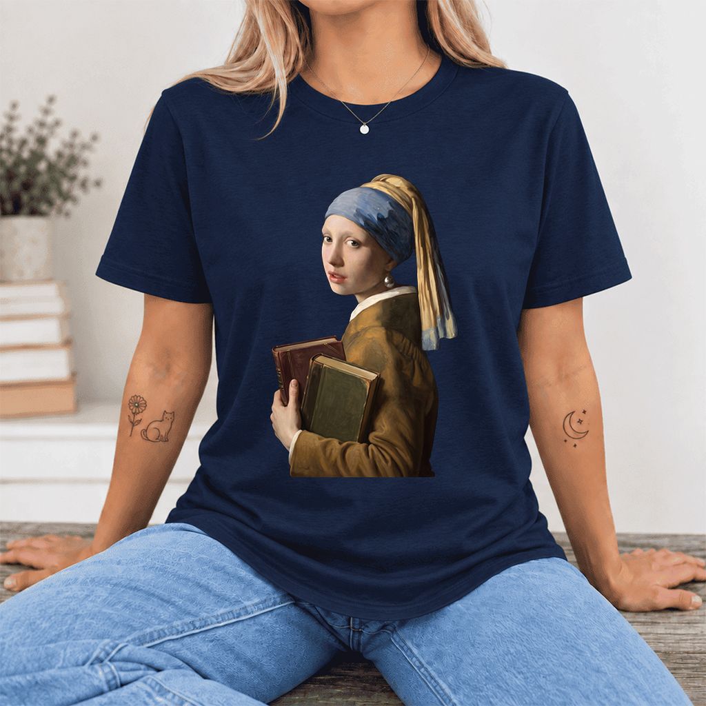 Bookish Girl with a Pearl Earring Ultra-Soft Cotton T-Shirt | Reader Gift Navy