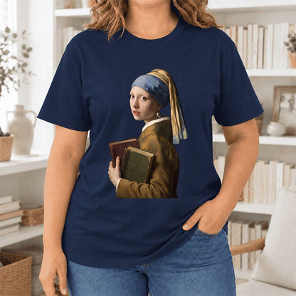 Bookish Girl with a Pearl Earring Ultra-Soft Cotton T-Shirt | Reader Gift Navy