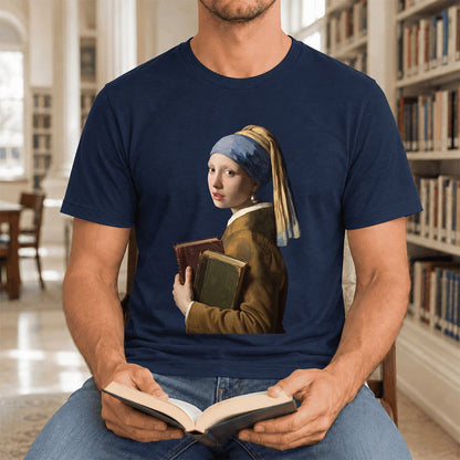 Bookish Girl with a Pearl Earring Ultra-Soft Cotton T-Shirt | Reader Gift Navy
