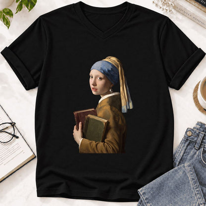 Bookish Girl with a Pearl Earring Ultra-Soft V-Neck | Reader Gift Black