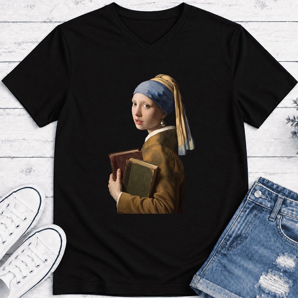 Bookish Girl with a Pearl Earring Ultra-Soft V-Neck | Reader Gift Black