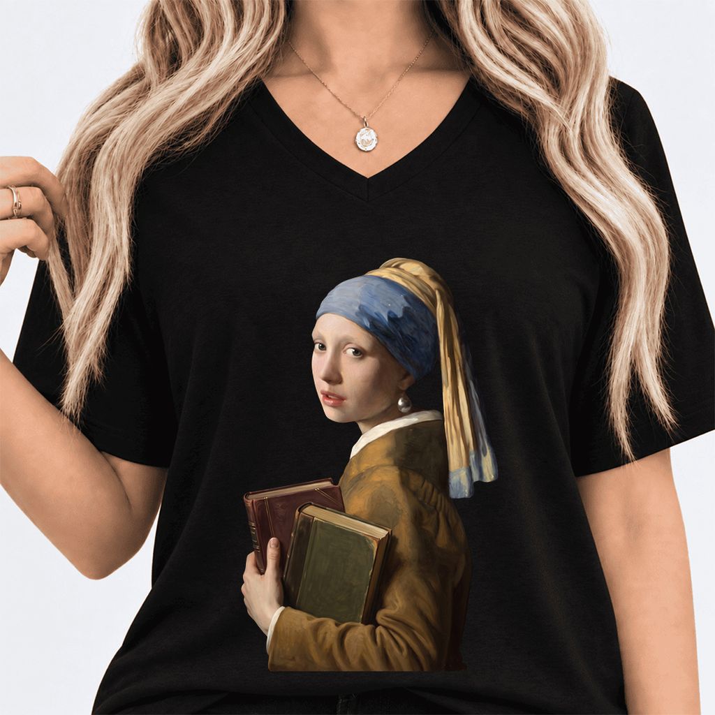 Bookish Girl with a Pearl Earring Ultra-Soft V-Neck | Reader Gift Black