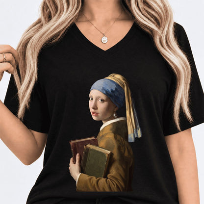 Bookish Girl with a Pearl Earring Ultra-Soft V-Neck | Reader Gift Black