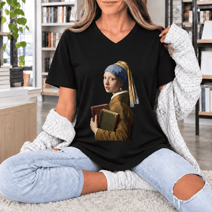 Bookish Girl with a Pearl Earring Ultra-Soft V-Neck | Reader Gift Black