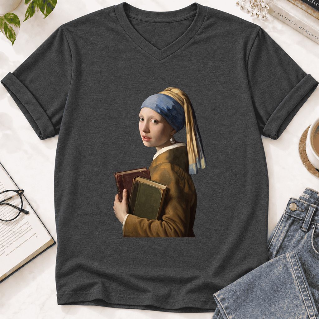 Bookish Girl with a Pearl Earring Ultra-Soft V-Neck | Reader Gift Dark Grey Heather