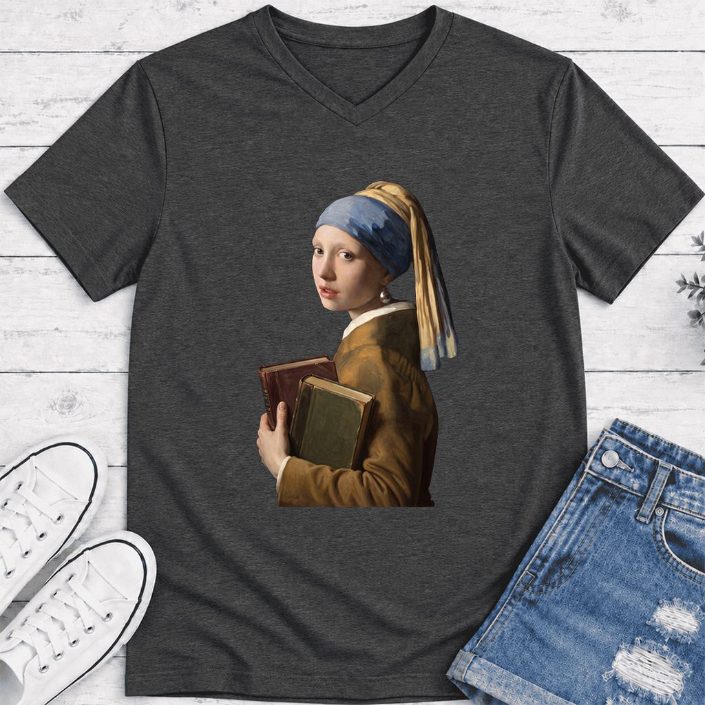 Bookish Girl with a Pearl Earring Ultra-Soft V-Neck | Reader Gift Dark Grey Heather