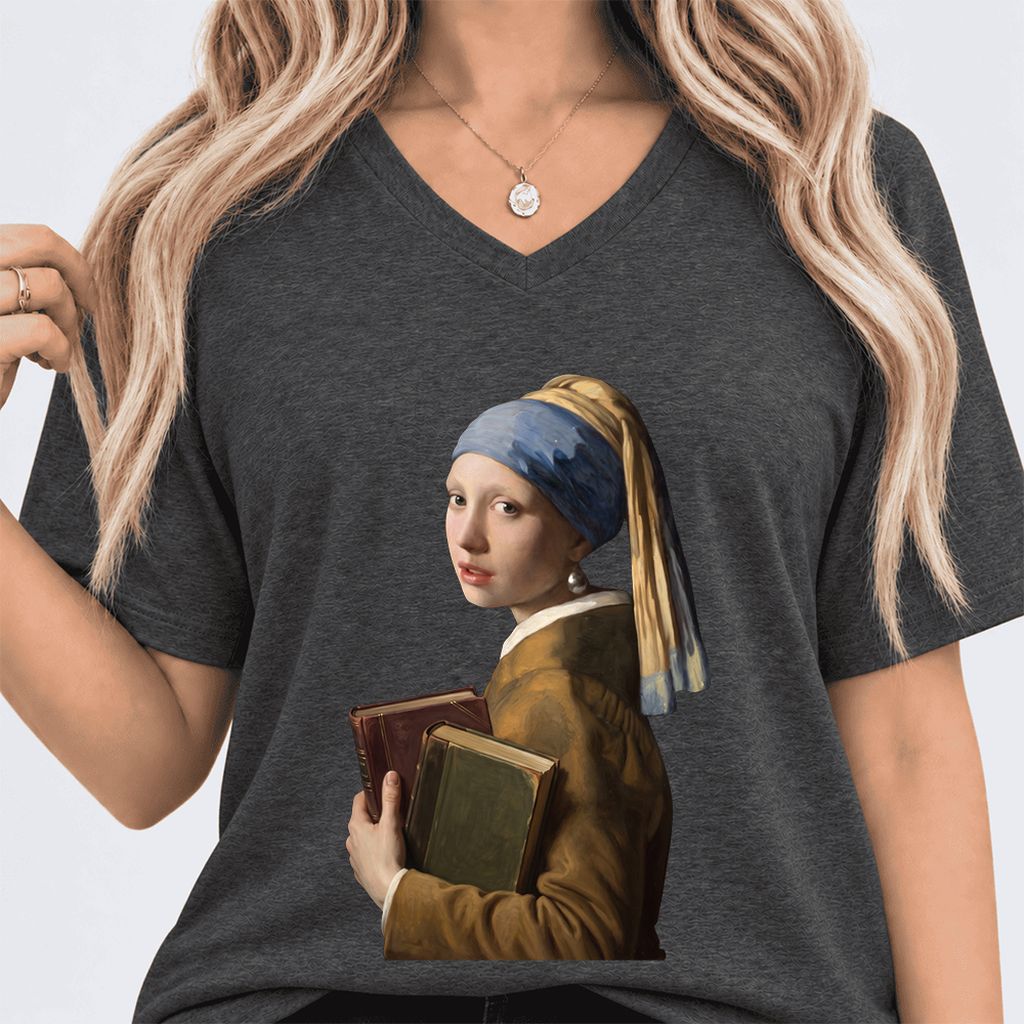 Bookish Girl with a Pearl Earring Ultra-Soft V-Neck | Reader Gift Dark Grey Heather