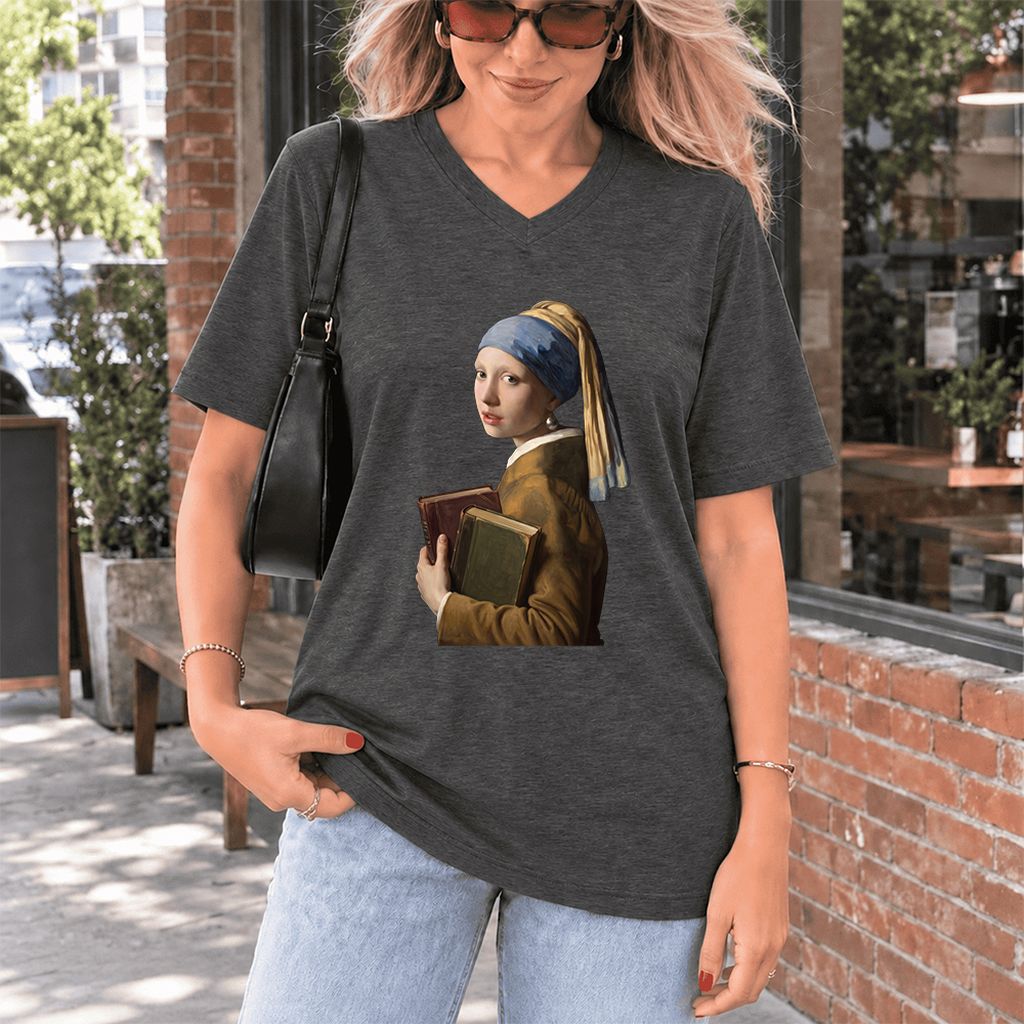 Bookish Girl with a Pearl Earring Ultra-Soft V-Neck | Reader Gift Dark Grey Heather
