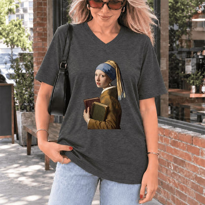 Bookish Girl with a Pearl Earring Ultra-Soft V-Neck | Reader Gift Dark Grey Heather
