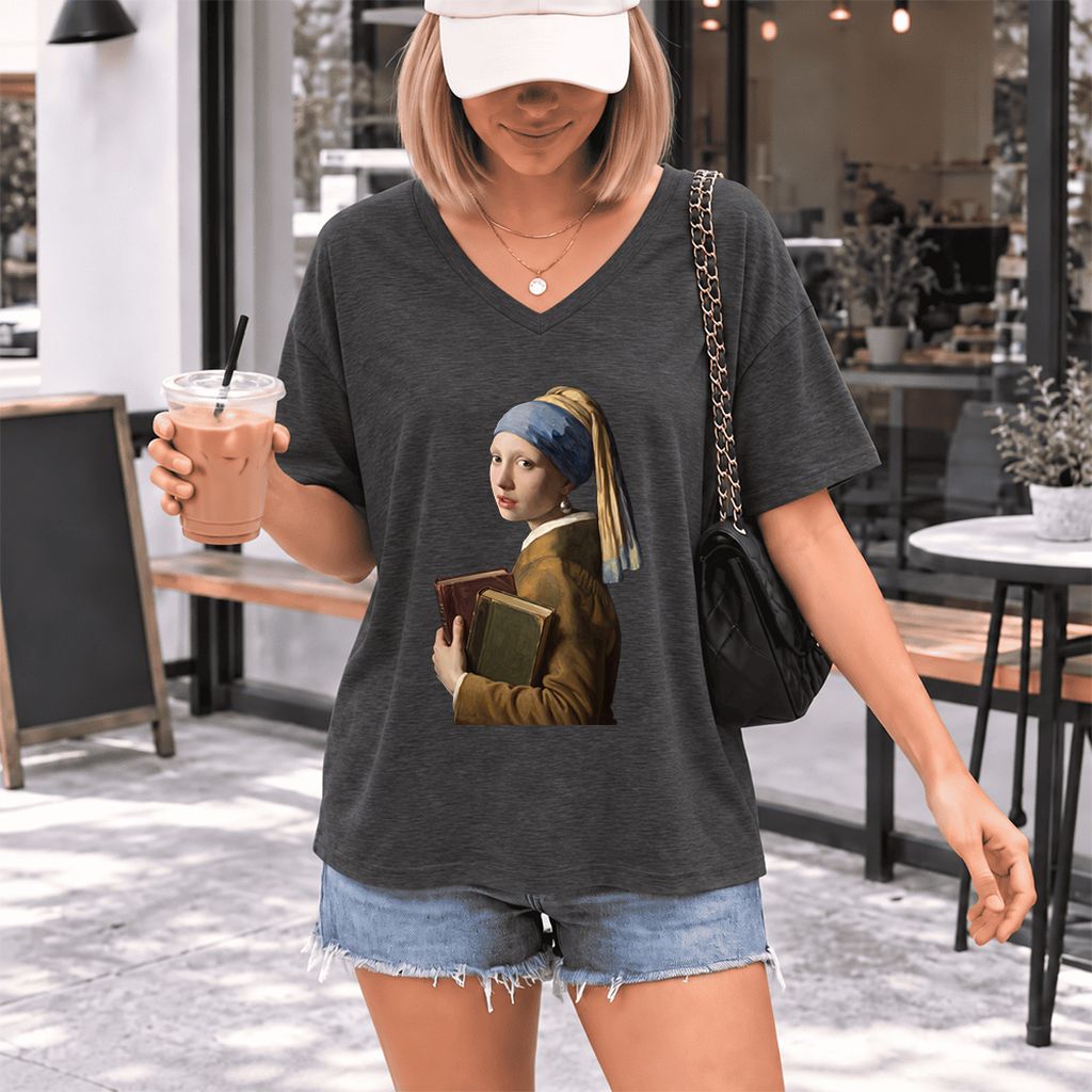 Bookish Girl with a Pearl Earring Ultra-Soft V-Neck | Reader Gift Dark Grey Heather