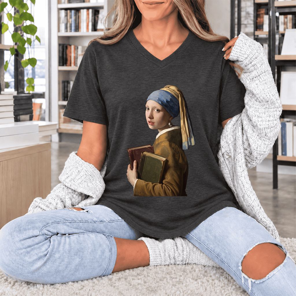 Bookish Girl with a Pearl Earring Ultra-Soft V-Neck | Reader Gift Dark Grey Heather