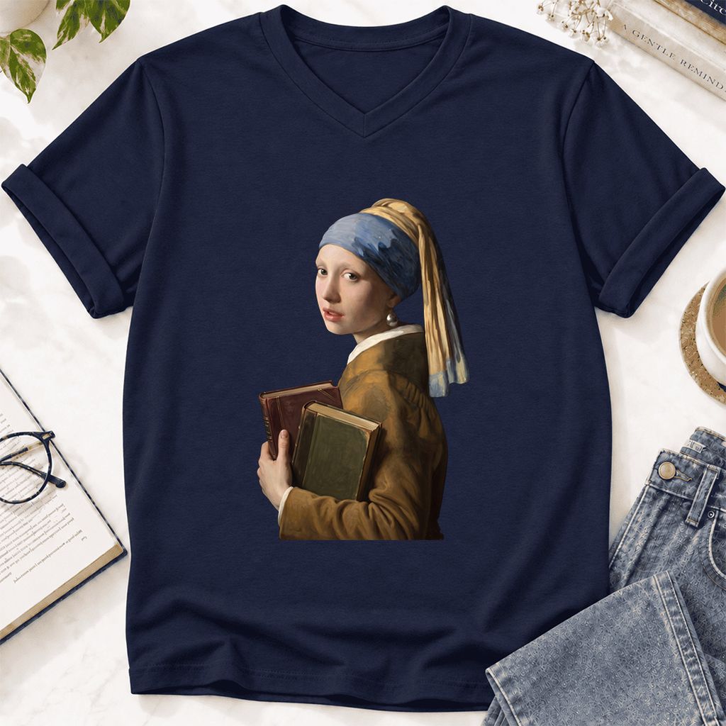 Bookish Girl with a Pearl Earring Ultra-Soft V-Neck | Reader Gift Navy